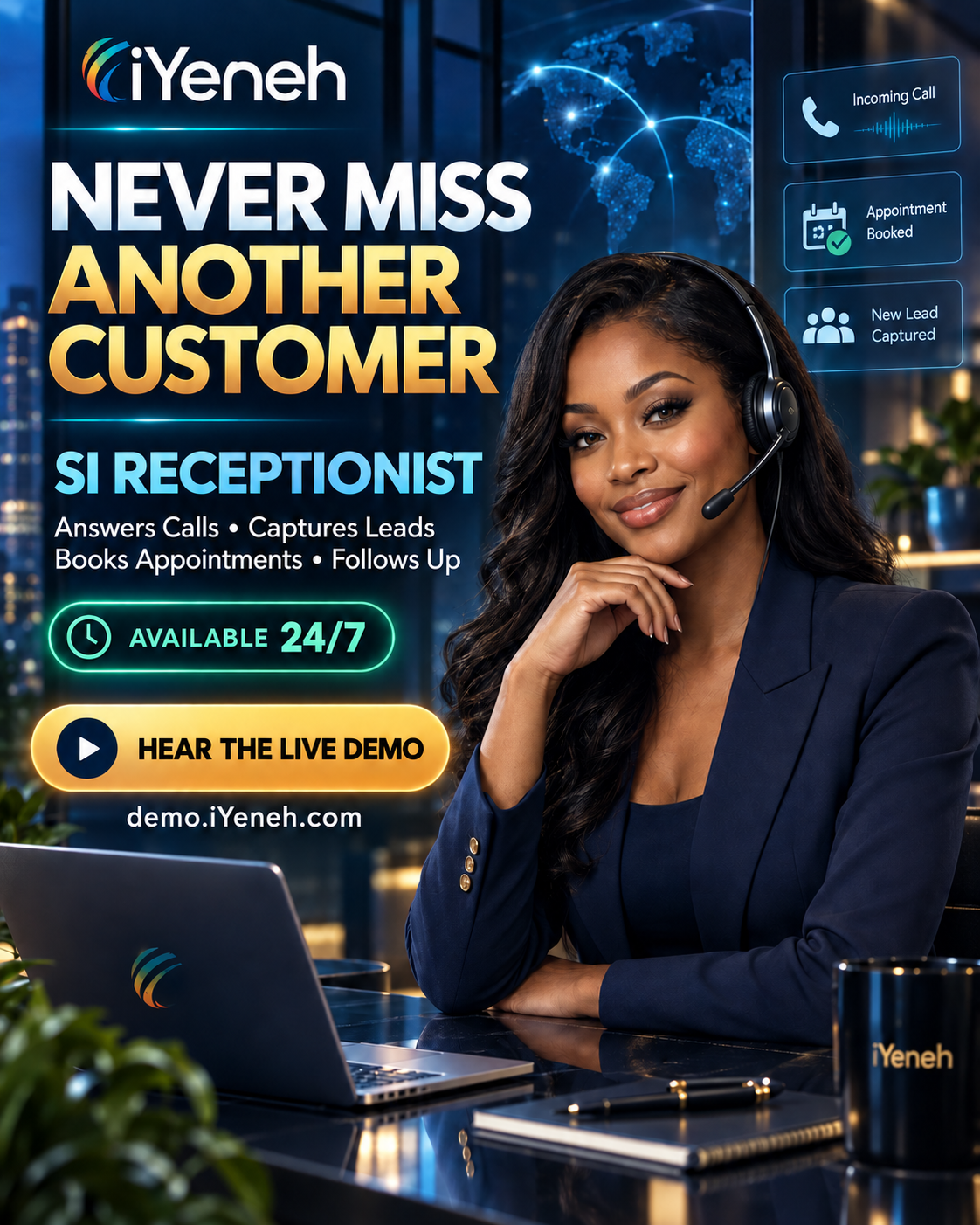 iYeneh SI Receptionist — Never miss another customer. Answers calls, captures leads, books appointments 24/7. Hear the live demo at demo.iYeneh.com